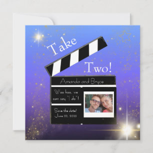 Take Two, save the date blue ombre gold stars