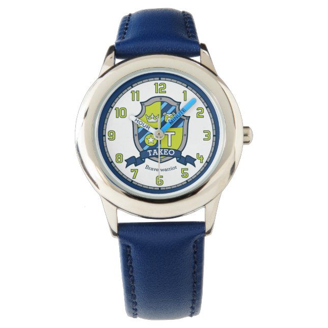 Takeo name meaning letter T crest bear blue Watch (Front)