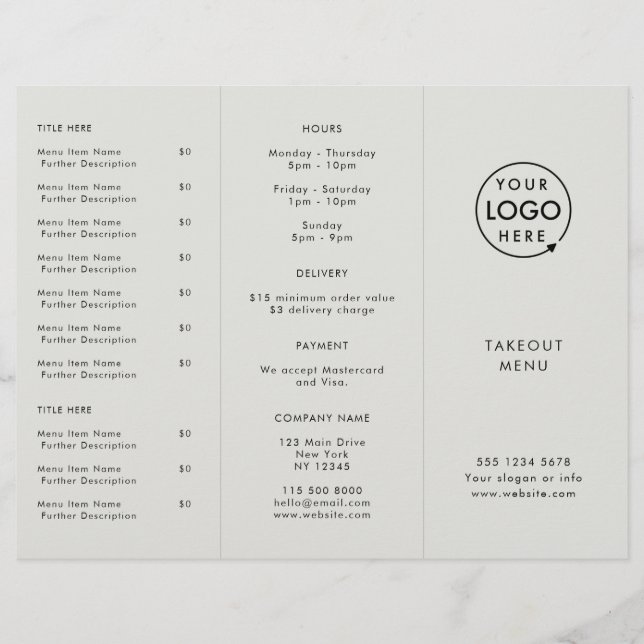 Takeout | Grey Logo Restaurant Takeaway Menu (Front)