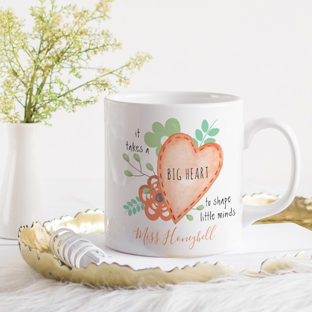 Takes a Big Heart Quote Doodle Orange Personalised Coffee Mug (Teacher Gift mug heart and flowers .. takes a big heart to shape little minds)