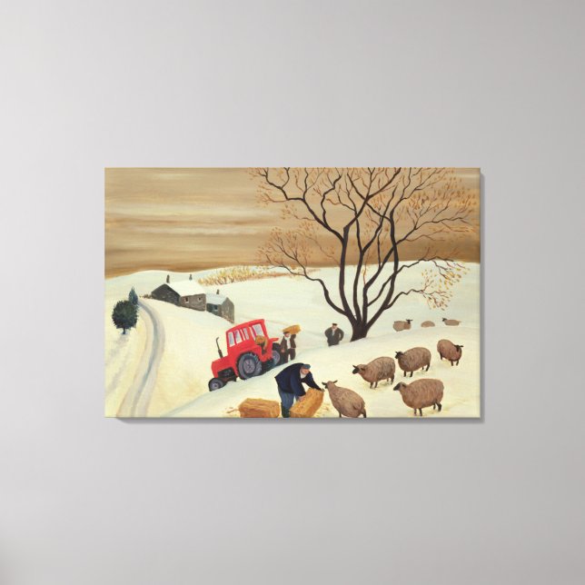 Taking Hay to the Sheep by Tractor Canvas Print (Front)