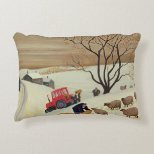 Taking Hay to the Sheep by Tractor Decorative Cushion