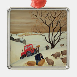 Taking Hay to the Sheep by Tractor Metal Tree Decoration