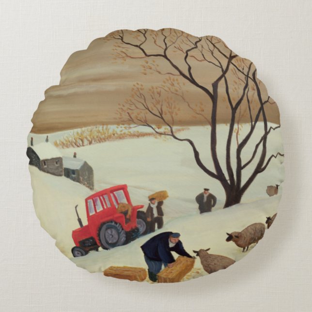 Taking Hay to the Sheep by Tractor Round Cushion (Front)