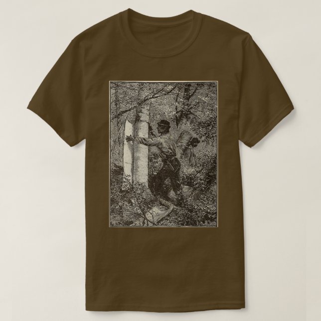 Taking the Bark from the trees for Canoe Making T-Shirt (Design Front)