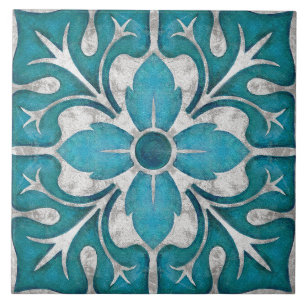 Talavera 01 Teal Blue Grey Mediterranean Floral Tile