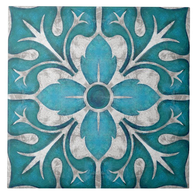 Talavera 01 Teal Blue Grey Mediterranean Floral Tile (Front)