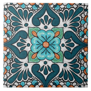 Talavera 06 Teal Blue Green Mediterranean Floral Tile