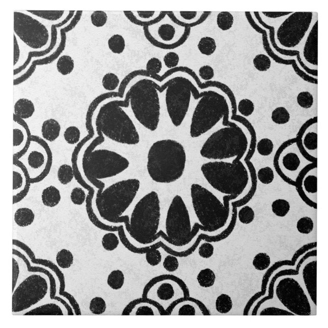 Talavera 12 Black White Grey Mediterranean Floral Tile (Front)