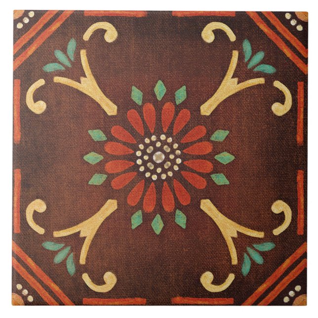 Talavera 14 Brown Red Aqua Mediterranean Floral Tile (Front)