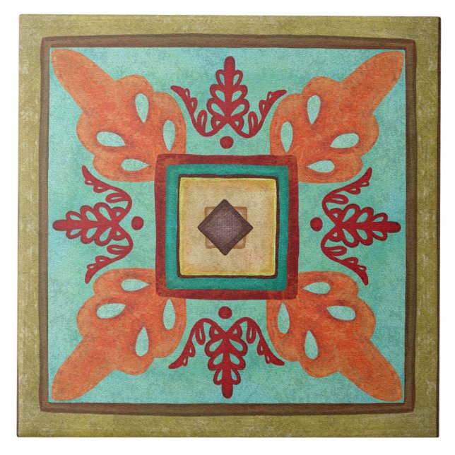 Talavera 15 Olive Aqua Orange Mediterranean Floral Tile (Front)
