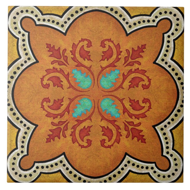 Talavera 17 Orange Red Aqua Mediterranean Floral Tile (Front)