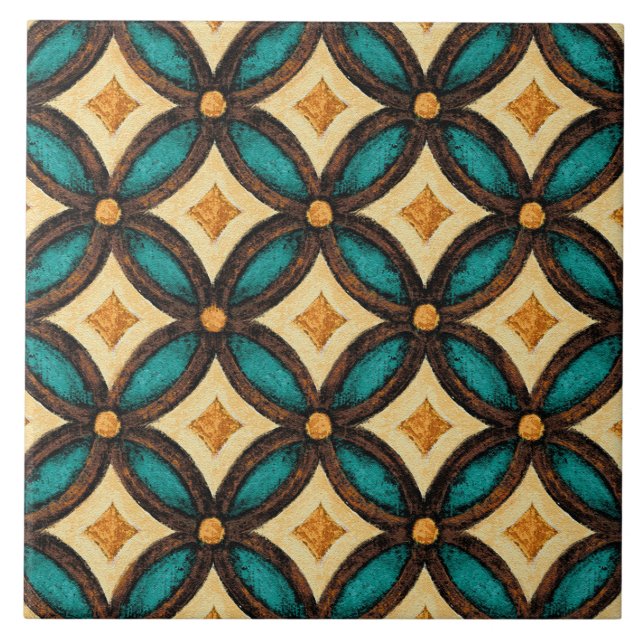 Talavera 18 Teal Brown Ivory Mediterranean Lattice Tile (Front)