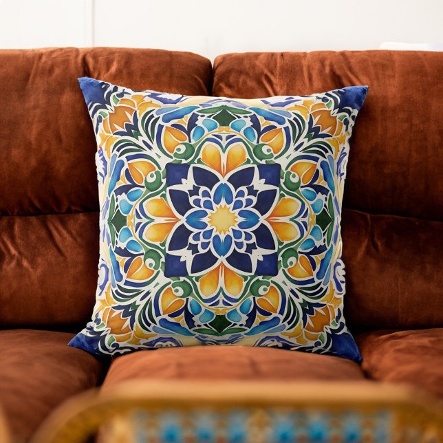 Talavera azulejo blue tile vintage Mexican pattern Cushion (Talavera azulejo blue tiles vintage Mexican pattern Throw Pillow home decor practical gifts)