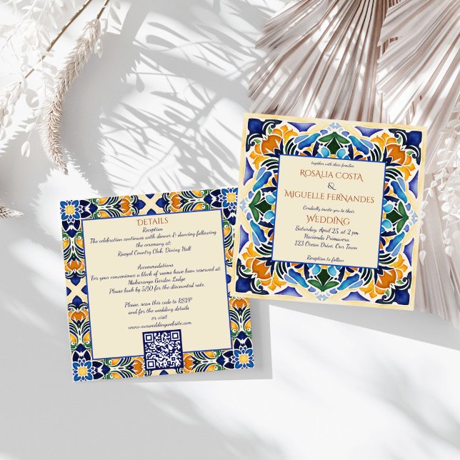 Talavera azulejo blue tile vintage Mexican wedding Invitation (Talavera azulejo blue tiles vintage Mexican wedding all in Invitation template with details QR RSVP)