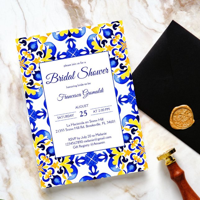 Talavera azulejo blue tiles Mexican bridal shower Invitation (Talavera azulejo blue yellow tiles vintage Mexican bridal shower Invitation editable template )