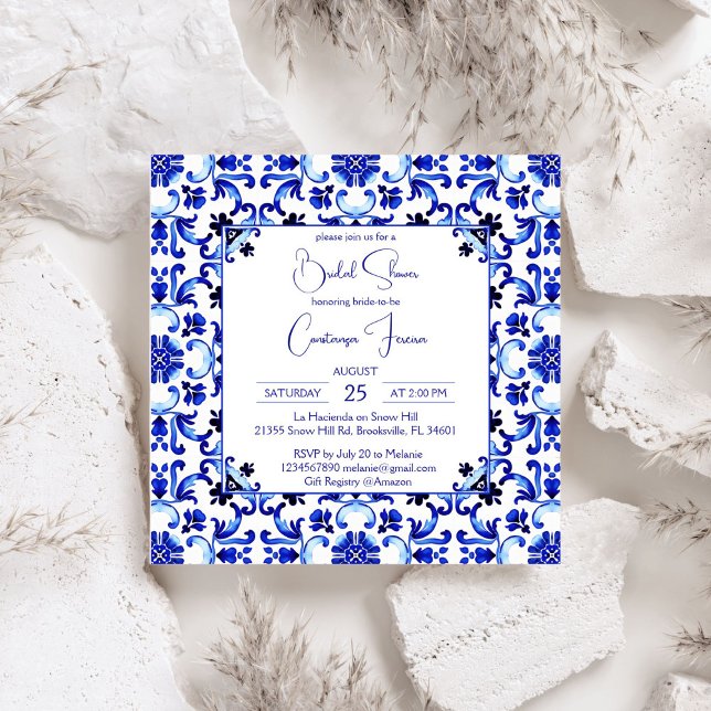 Talavera azulejo blue tiles Mexican bridal shower Invitation (Talavera azulejo blue tiles Mediterranian Italian vintage  Mexican bridal shower Invitation template)