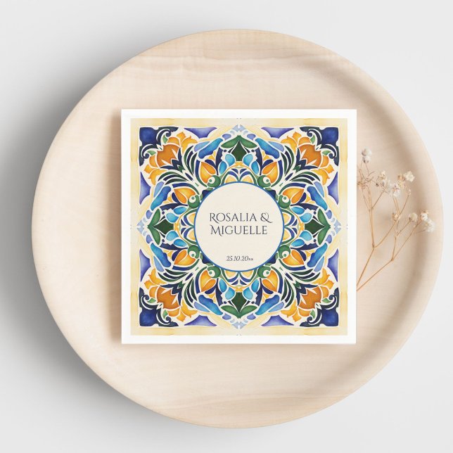 Talavera azulejo blue vintage Mexican monogram Napkin (Talavera azulejo blue tiles vintage Mexican wedding monogram personalized printed Napkins table deco)