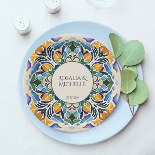 Talavera azulejo blue vintage Mexican monogram Paper Plate