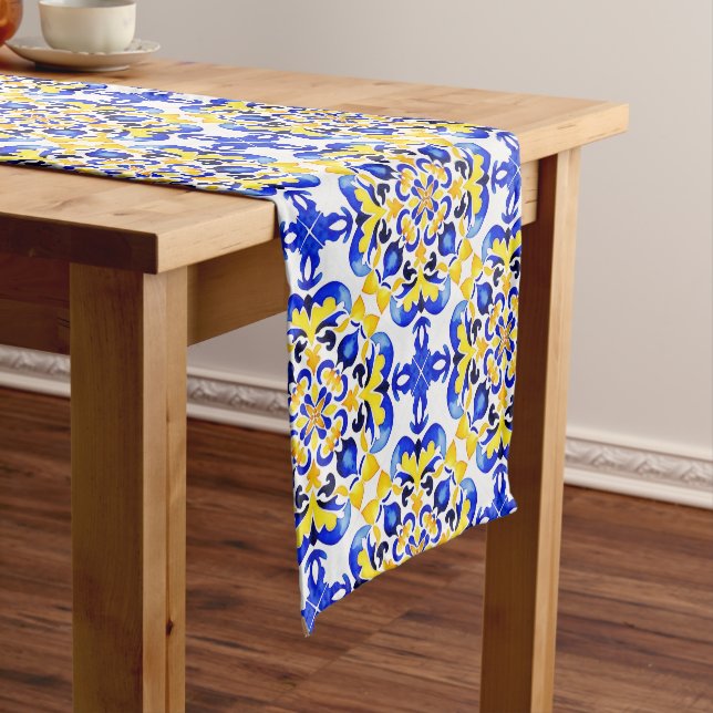 Talavera azulejo blue yellow tiles table decor short table runner (In Situ)