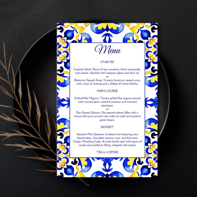 Talavera azulejo Mediterranean blue tiles menu (Talavera azulejo Mediterranean Maiolica blue tiles menu card blue and yellow tiles menu table decor)