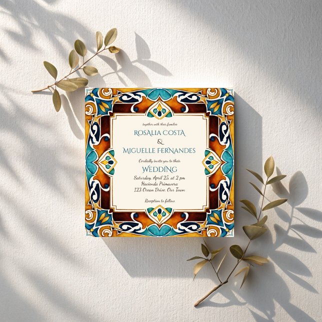 Talavera azulejo tile vintage Mexican wedding Invitation (Talavera azulejo tiles vintage Mexican wedding Invitation cards template elegant square invites)