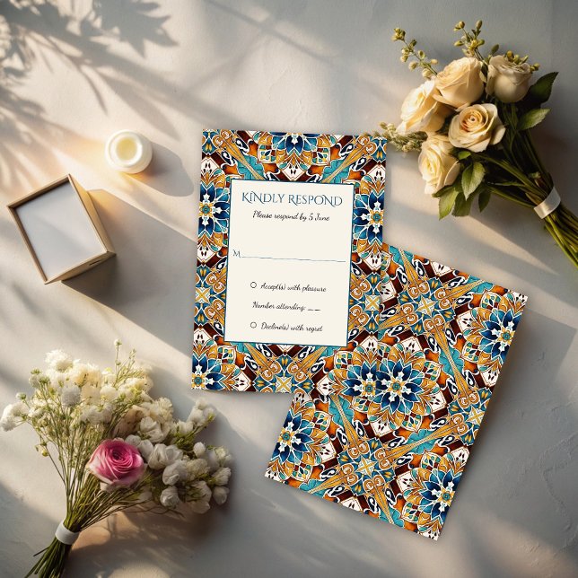 Talavera azulejo tile vintage Mexican wedding RSVP Card (Talavera azulejo tiles vintage Mexican wedding RSVP Cards wedding invitation suite)