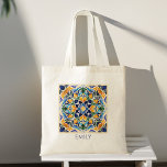 Talavera azulejo vintage Mexican customised name Tote Bag<br><div class="desc">Blue and brown colourful vintage Mexican wedding talavera azulejo tiles personalised name tote bag bridesmaids gifts bridal party favours gifts for her</div>