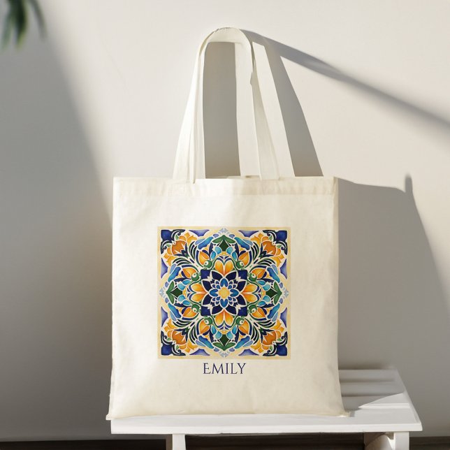 Talavera azulejo vintage Mexican customised name Tote Bag (Talavera azulejo vintage Mexican tiles customized personalized name Tote Bag bridesmaids gifts)
