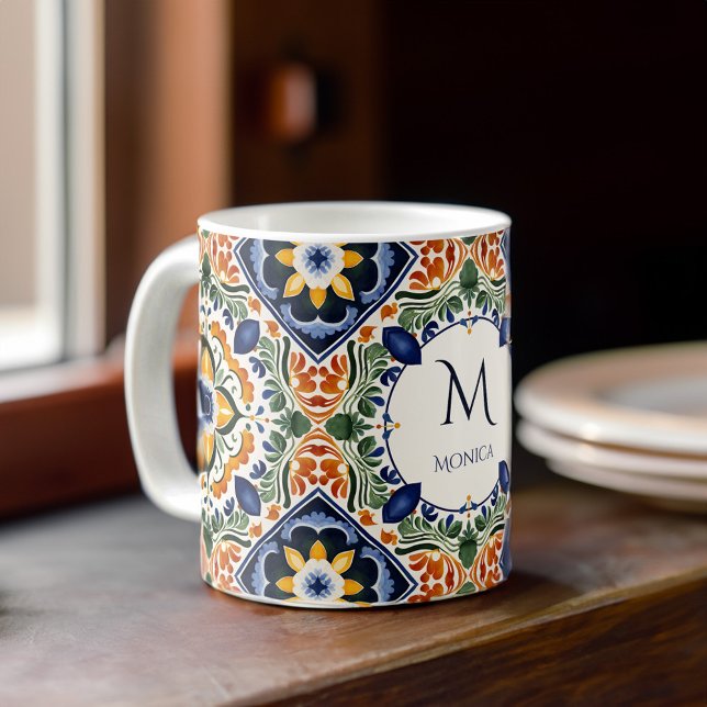 Talavera Azulejo vintage tile monogram  Coffee Mug (Talavera Azulejo vintage tiles monogram personalized Coffee Mug bridesmaids gifts wedding favors)