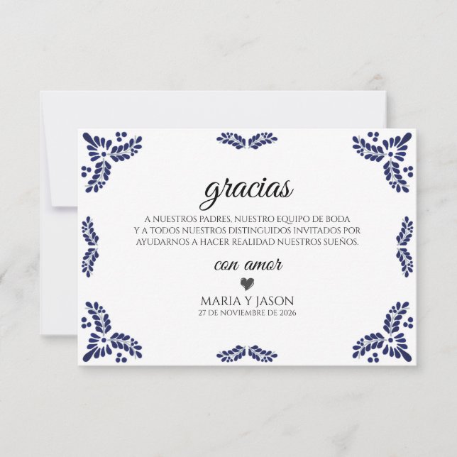 Talavera Black Floral Minimalist Spanish Wedding Thank You Card (Front)