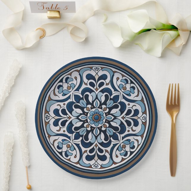 Talavera Blue and Brown Paper Plate (Wedding)