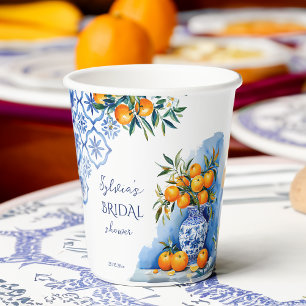 Talavera blue chinoiserie citrus bridal shower paper cups