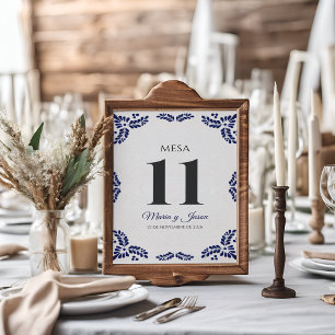 Talavera Blue Floral Minimalist Spanish Wedding Table Number