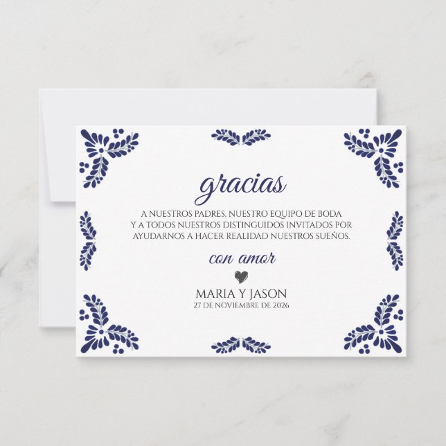 Talavera Blue Floral Minimalist Spanish Wedding Thank You Card (Front)