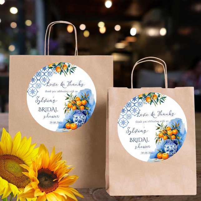 Talavera blue oranges citrus bridal shower favour classic round sticker (Talavera blue oranges citrus Mexican Hacienda summer bridal shower thank you favor sticker template)