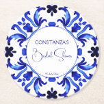Talavera blue tiles Mexican bridal shower favours Round Paper Coaster<br><div class="desc">Talavera azulejo blue tiles vintage Mexican bridal shower monogram printed paper coaster template,  Mediterranean blue tile pattern Maiolica blue tiles Greek tiles pattern bridal shower coasters personalised bridal shower tableware table decor which also can be as bridal shower favours</div>