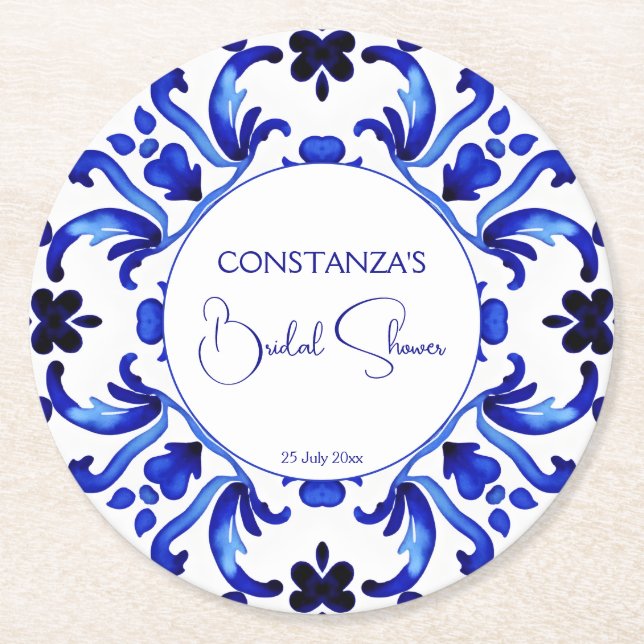 Talavera blue tiles Mexican bridal shower favours Round Paper Coaster (Front)
