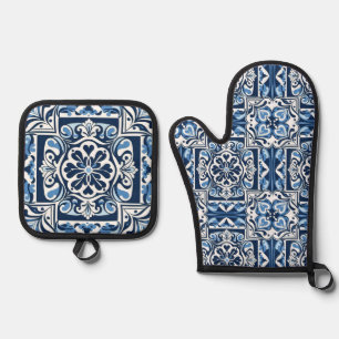 Talavera Blue Tiles Oven Mitt & Pot Holder Set