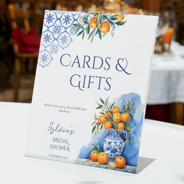 Talavera blue vase citrus bridal shower gifts pedestal sign (Talavera blue vase citrus Spanish vintage Mexican bridal shower gifts pedestal sign table decor)