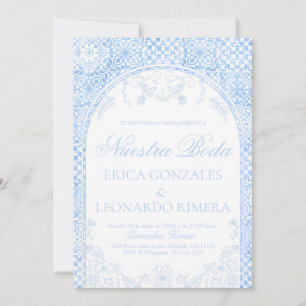Talavera Dusty Blue Papel Picado Spanish Wedding Invitation