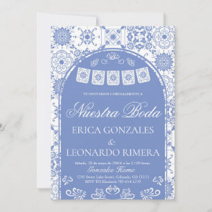 Talavera Dusty Blue Papel Picado Spanish Wedding Invitation