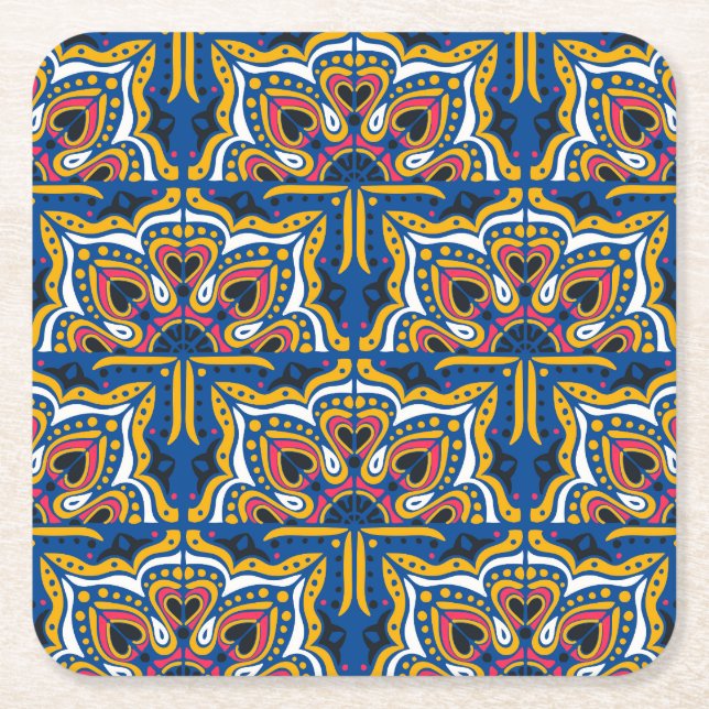 Talavera Indian Mosaic: Ceramic Seamless. Square Paper Coaster (Front)