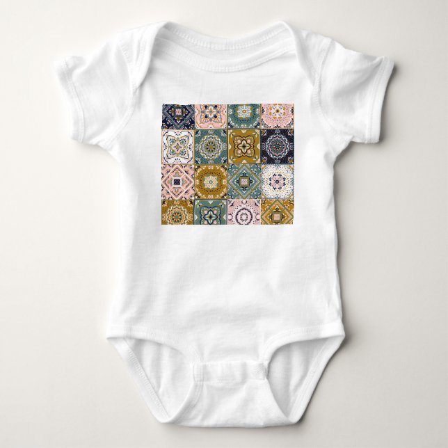 Talavera Indian: Patchwork, Ethnic Mosaic. Baby Bodysuit (Front)