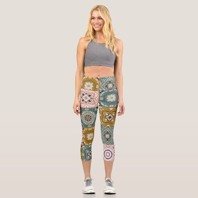 Talavera Indian: Patchwork, Ethnic Mosaic. Capri Leggings (Front)