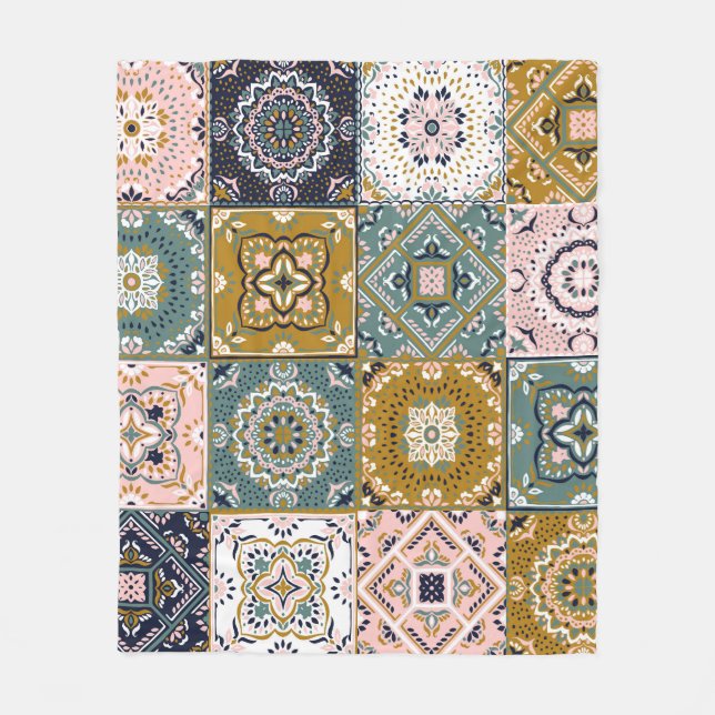 Talavera Indian: Patchwork, Ethnic Mosaic. Fleece Blanket (Front)