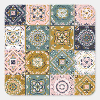Talavera Indian: Patchwork, Ethnic Mosaic. Square Sticker
