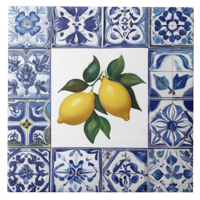 Talavera Lemons - Blue and White Mediterranean Tile (Front)
