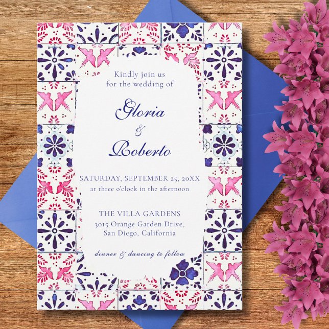 Talavera Lovebirds Pink Blue Mexican Weddings Invitation (Creator Uploaded)