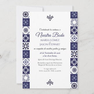 Talavera Majolica Navy Blue White Spanish Wedding Invitation